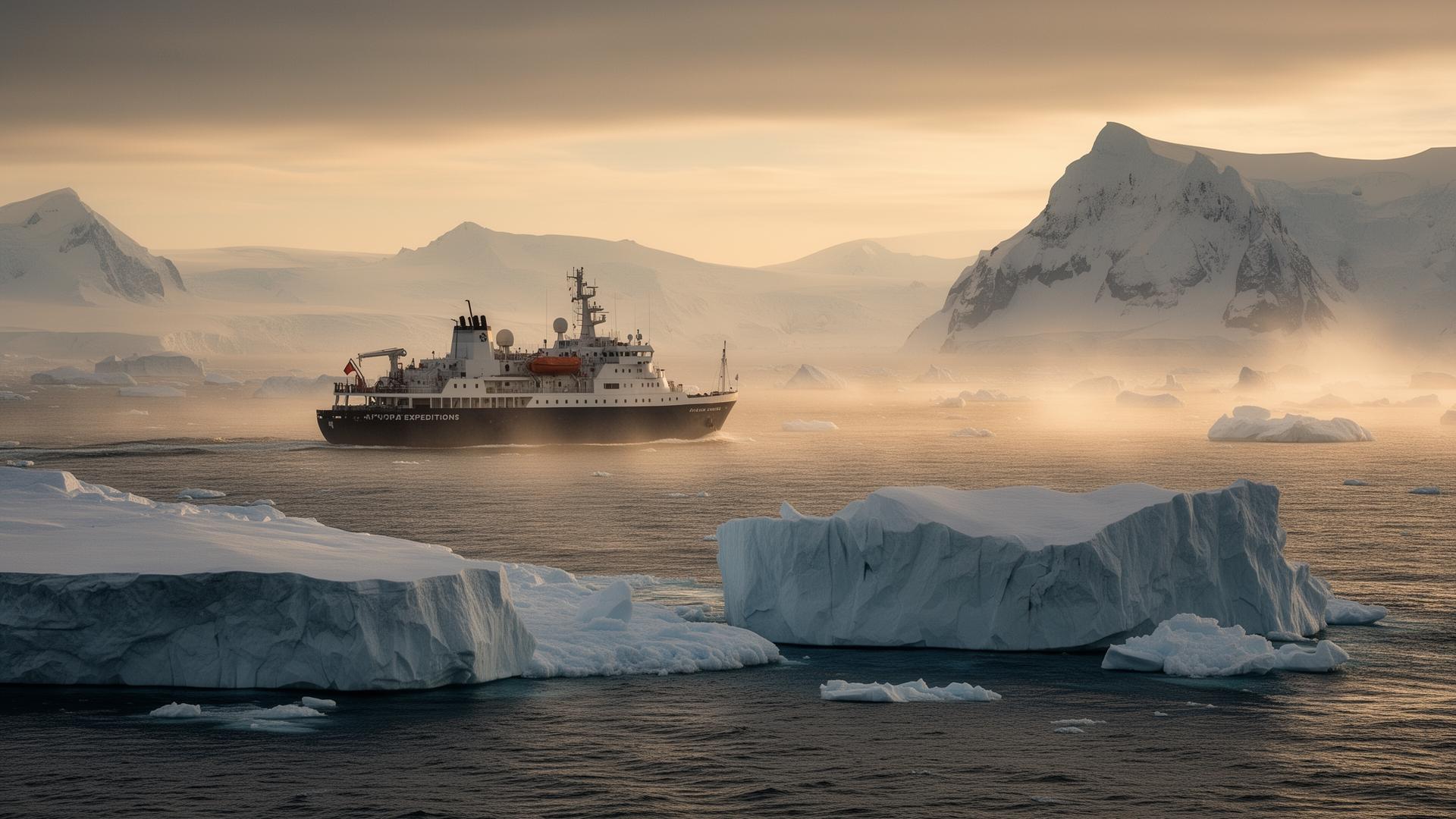 Aurora Expeditions ship in polar waters — sustainable expedition cruise travel insights from Nicci Grotefendt, Travel GHR